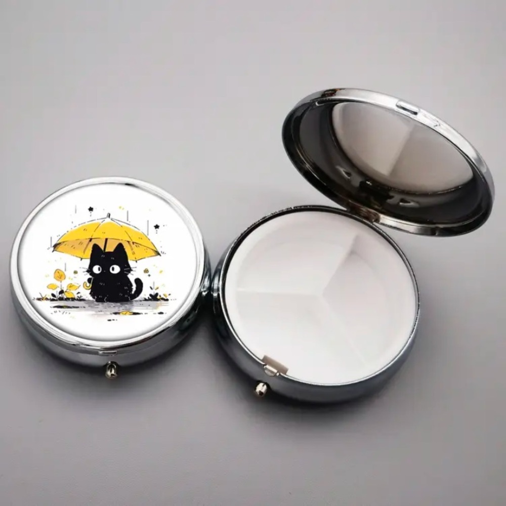 NIB Compact 3-Compartment Metal Pill Case with Black Cat Design - Picture 12 of 13